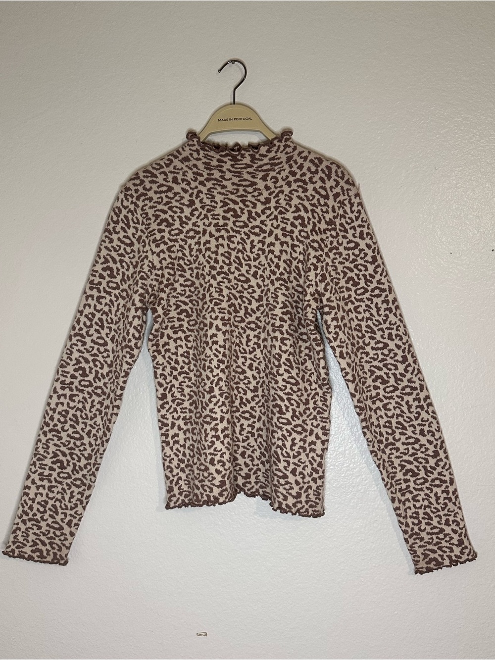 BKE Leopard Print Long Sleeve Mock Neck Top - Brown/Beige